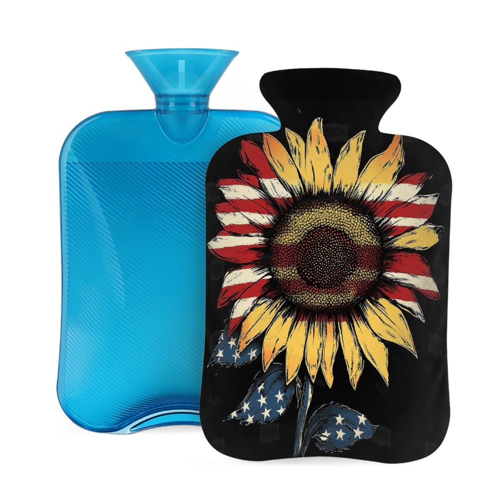 Hot Water Bottle with Cover, 2L Hot Water Bag for Pain Relief Hand Feet Warmer(American Flag Sunflowers)