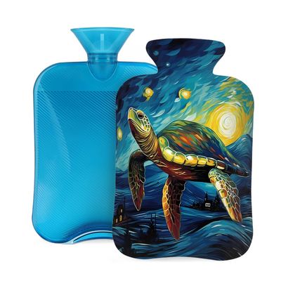Hot Water Bottle with Cover, 2L Hot Water Bag for Pain Relief Hand Feet Warmer(Sea Turtle Oil Paiting Starry Night)