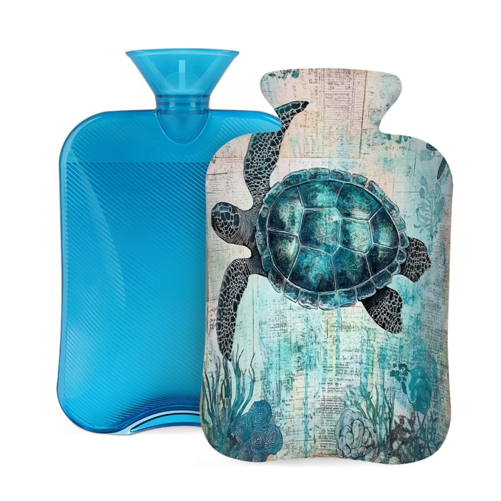 Hot Water Bottle with Cover, 2L Hot Water Bag for Pain Relief Hand Feet Warmer(Retro Map Sea Turtles)