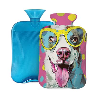 Hot Water Bottle with Cover, 2L Hot Water Bag for Pain Relief Hand Feet Warmer(Polka Dot Yellow Sunglasses Border Collie)