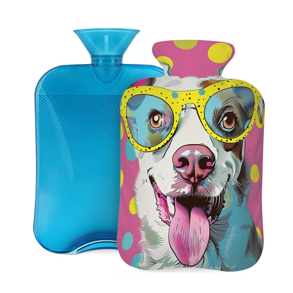 Hot Water Bottle with Cover, 2L Hot Water Bag for Pain Relief Hand Feet Warmer(Polka Dot Yellow Sunglasses Border Collie)