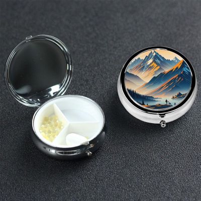 Pill Box Small Pill Case 3 Compartment Metal Pill Holder for Purse or Pocket Travel Pillbox Portable Pill Container Color Mountain Gradient Medicine Organizer for Vitamins Fish Oil