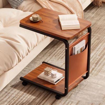 Solid Wood Overbed Bedside Table with Wheels, with Heavy Duty Metal Leg, Side Computer Workstation, Steel Frame, for Study Living Room, Used as Dining Table(Brown,40*28*63cm/15*11*24in)