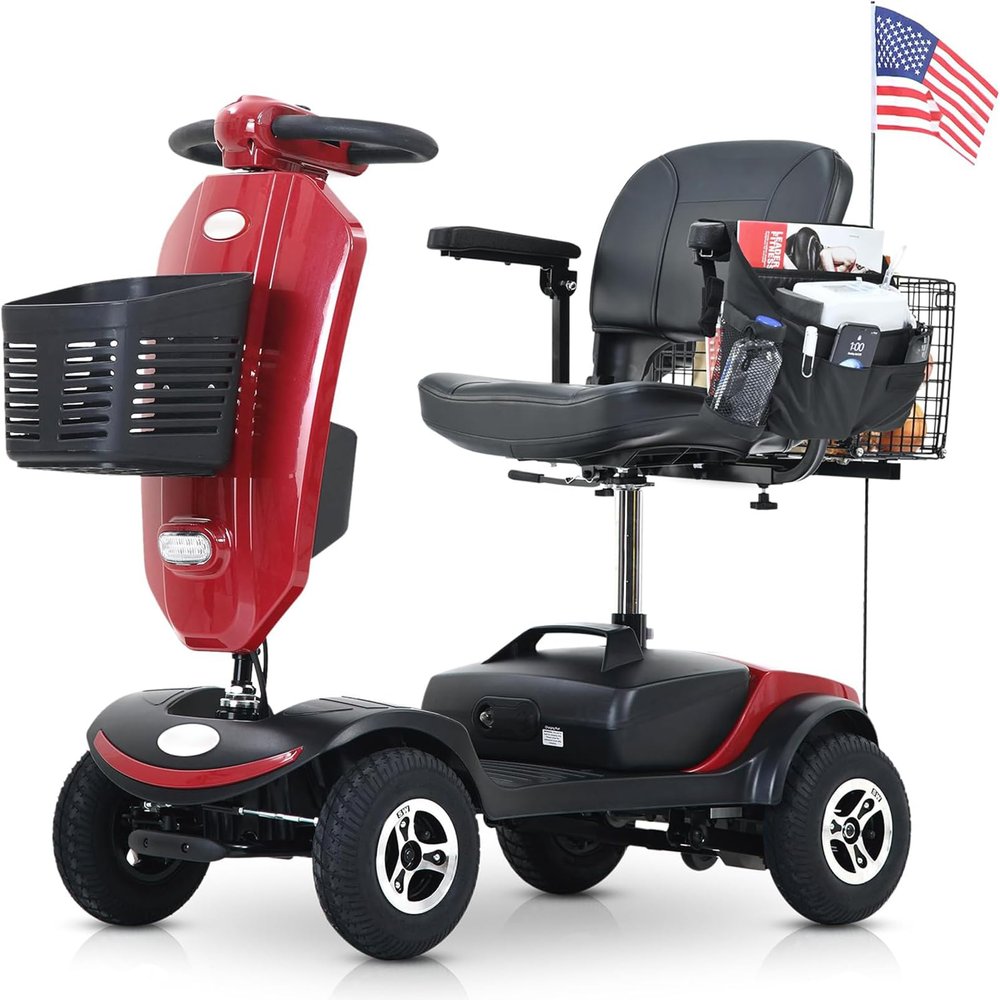 Mobility Scooters for Seniors & Adults 400 Lb Weight Foldable,All Terrain Heavy Duty 4-Wheel Powered Scooter,Ultra Stable Mobile Electric Wheelchair,Rear Car Basket and Shoulder Bag,red