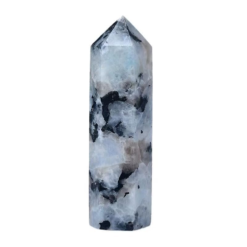 10pcs Large Rainbow Moonstone with Black Tourmaline Crystal Point, 6 Faceted Hexagonal Prism Crystal Tower 2.76-3.9in, Natural Crystals and Healing Stones for Energy Healing, Meditation, Home Decor