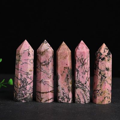 10pcs Natural Pink Rhodonite Crystal Points, 6 Faceted Hexagonal Prism Crystal Tower 2.76-3.9in, Natural Crystals and Healing Stones for Energy Healing, Meditation, Home Decor
