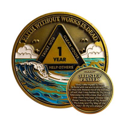 1 Year Waves Sobriety Coin - Third Step Prayer AA Medallion, Premium Recovery Token for Anniversaries, Sponsor & Sponsee Gifts, One Year Sober Milestone Chip for Women and Men