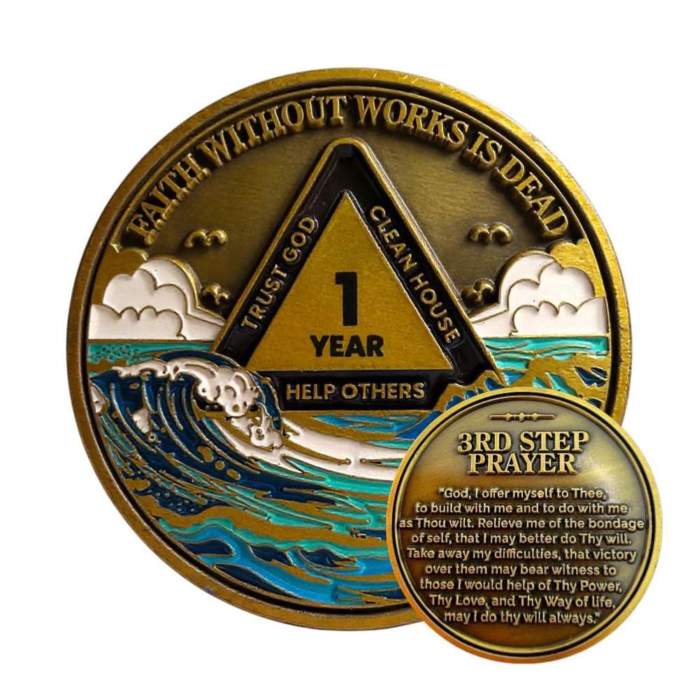 1 Year Waves Sobriety Coin - Third Step Prayer AA Medallion, Premium Recovery Token for Anniversaries, Sponsor & Sponsee Gifts, One Year Sober Milestone Chip for Women and Men