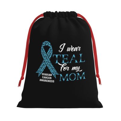 ByoBLu I Wear Teal for My Mom Ovarian Cancer Awareness Christmas Gift Bags, Santa Wrapping Bags, Xmas Presents Bag With Drawstring, Holiday Party Favors Birthday & Christmas Gift (Large Medium Small)