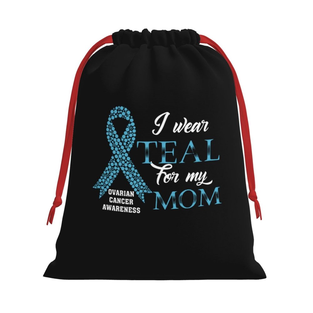 ByoBLu I Wear Teal for My Mom Ovarian Cancer Awareness Christmas Gift Bags, Santa Wrapping Bags, Xmas Presents Bag With Drawstring, Holiday Party Favors Birthday & Christmas Gift (Large Medium Small)