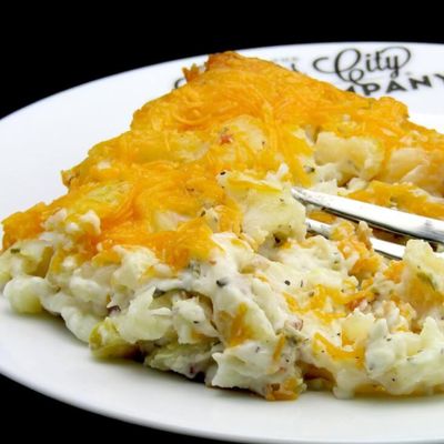 Premium Baked Potato Casserole with Bacon, Sour Cream and Shredded Cheddar Cheese, 2 trays, 32 oz per tray. Gourmet Side Dish. Freshly Baked and Ready to Eat from Kansas City Steak Company.