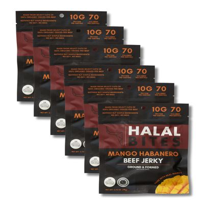 6-Pack Halal Bites Mango Habanero Beef Jerky, Organic Grass-Fed Beef, Naturally Smoked, Infused with Honey & Black Cumin Seed
