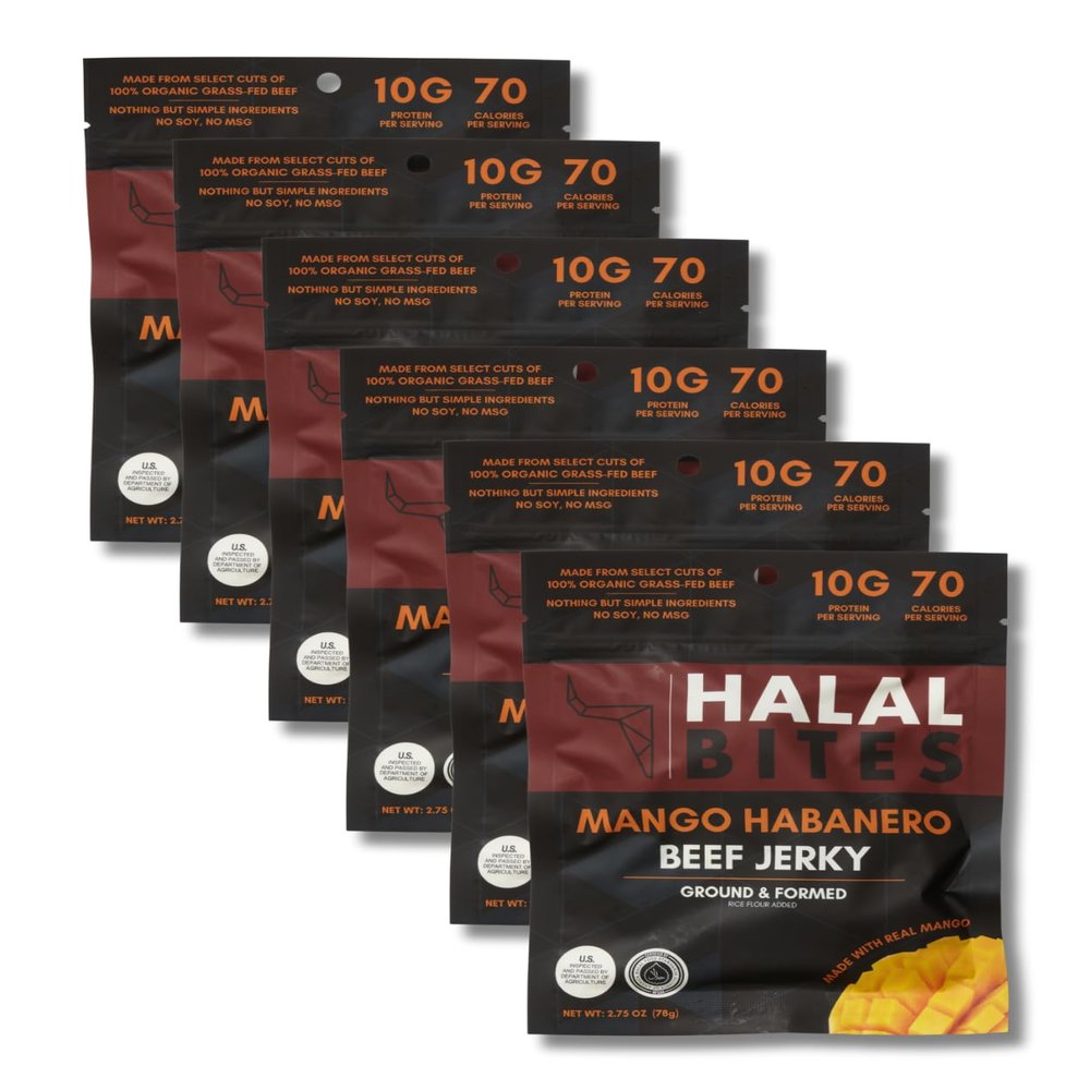 6-Pack Halal Bites Mango Habanero Beef Jerky, Organic Grass-Fed Beef, Naturally Smoked, Infused with Honey & Black Cumin Seed