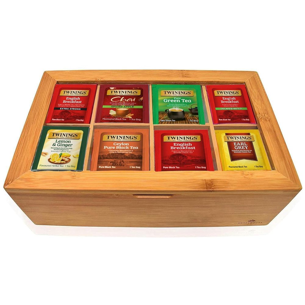 Twinings Tea Sampler Collection 80 Tea Bags, 20 Flavours/Assorted Tea, Gift Set in Decorative Bamboo Box Wooden Organizer Tea Chest Included Ideal for Home, Office, Family & Friends (Bamboo Box)