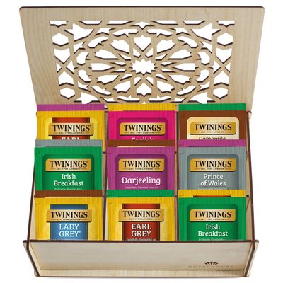 Twinings Tea Sampler Collection 80 Tea Bags, 22 Flavours/Assorted Tea, Gift Set in Decorative MDF Box Wooden Organizer Tea Chest Included Ideal for Home, Office, Family & Friends (White MDF Box)