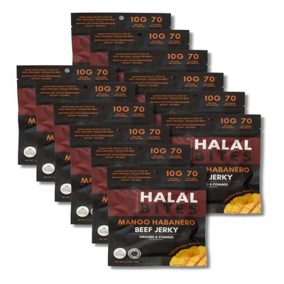 12-Pack (Bulk Size) Halal Bites Mango Habanero Flavor Beef Jerky, Organic Grass-Fed Beef, Naturally Smoked, Infused with Honey & Black Cumin Seed