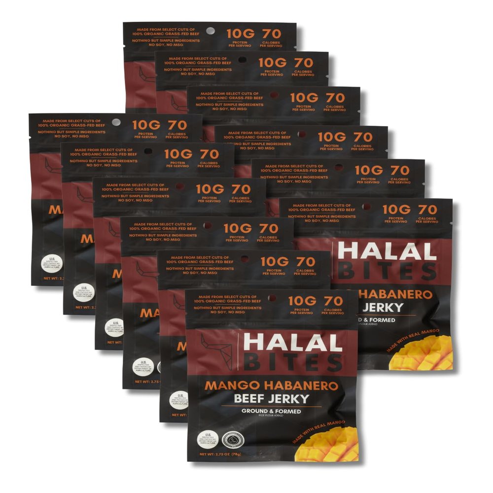 12-Pack (Bulk Size) Halal Bites Mango Habanero Flavor Beef Jerky, Organic Grass-Fed Beef, Naturally Smoked, Infused with Honey & Black Cumin Seed