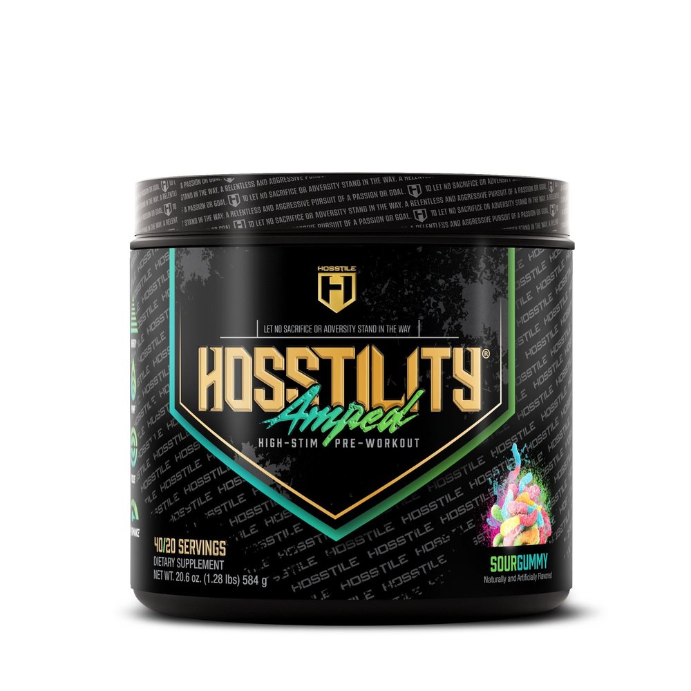 HOSSTILE Hosstility Amped High Stim Pre-Workout Extreme Energy & Focus, 450mg Caffeine, Nootropics, Pumps, Power, Endurance, Sour Gummy, 40/20 Servings