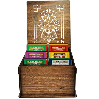Twinings Tea Bag Sampler Variety with Brown Wooden Organizer Tea Chest (36 Tea Bags) 6 Different Popular Flavours, Gift for Tea Lovers: Women, Men, Mom, Dad, Family, Friends, Couples