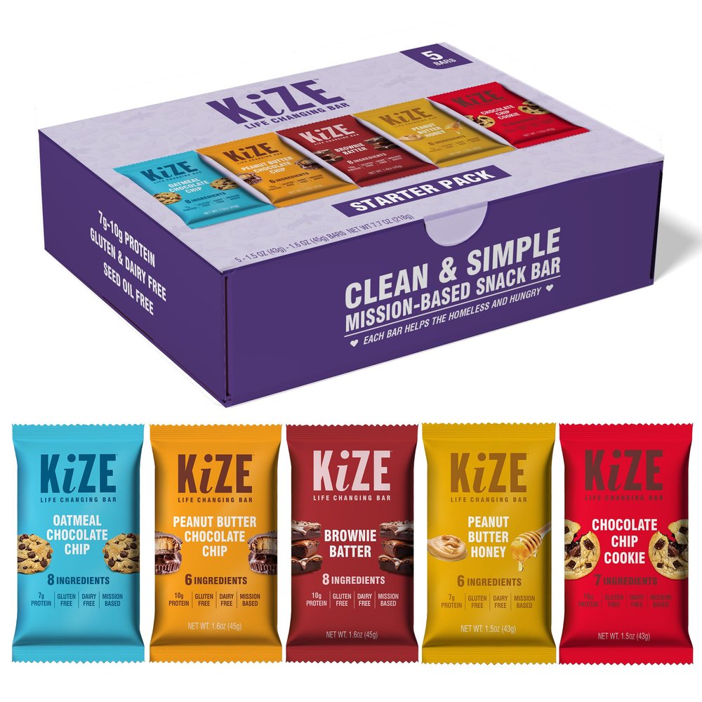 KiZE Healthy Protein Bars - 7-10g Protein, Honey Sweetened - 5 Count - Clean Natural Ingredients, Meal Replacement Bars - High Protein Snacks for Adults & Kids - No Gluten, Dairy, Soy - Starter Pack, 5 Flavors (5 Count)