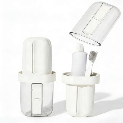 2 in 1 Travel Toothbrush Case, Portable Tooth Brush Holder for Traveling, Toothbrush Holder and Toothpaste Cover with Mouthwash Cup, Bathroom Toiletries Container for Camp School Trip Home (White)