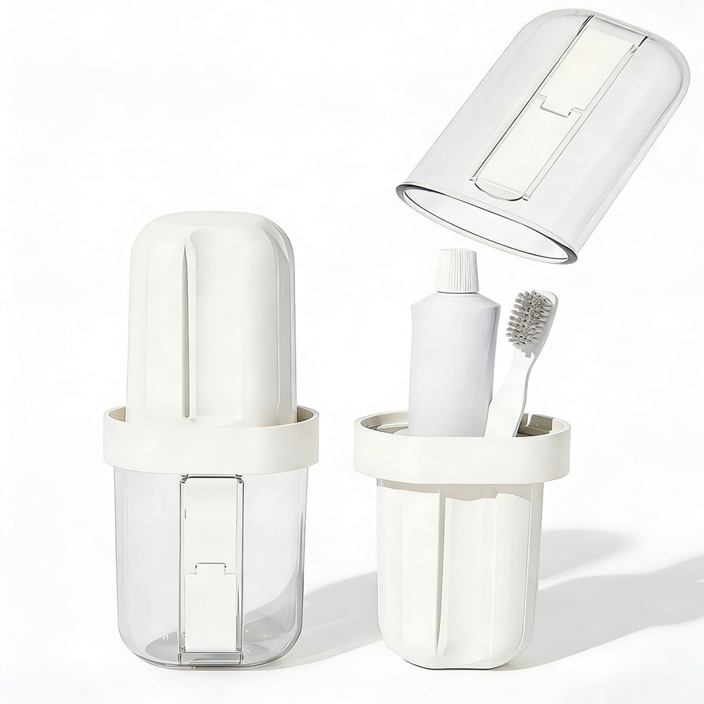 2 in 1 Travel Toothbrush Case, Portable Tooth Brush Holder for Traveling, Toothbrush Holder and Toothpaste Cover with Mouthwash Cup, Bathroom Toiletries Container for Camp School Trip Home (White)