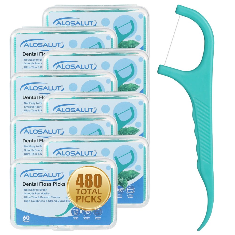 Alosalut 480 Count Dental Floss Picks Mint Flavored Flossers with Built-in Toothpick for Deep Cleaning 8 Portable Boxes of 60 Strong & Smooth Floss Sticks for Family Home Travel for Adults
