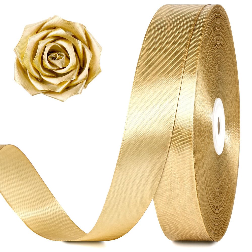 100 Yards 1 Inch Champagne Gold Satin Ribbon, Solid Craft Fabric Ribbon for Christmas Gift Wrapping, Bows Making, Flower Bouquet, Wedding Party Decoration