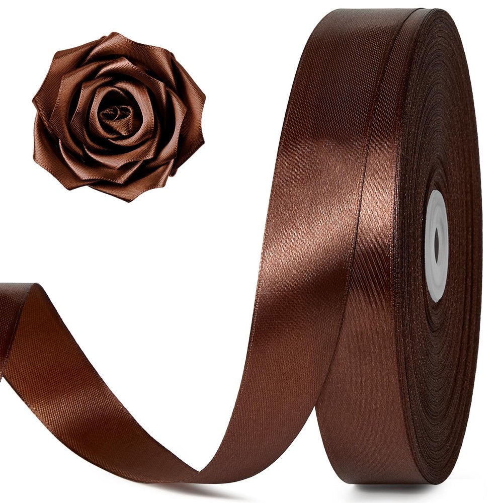 100 Yards 1 Inch Brown Satin Ribbon, Solid Craft Fabric Ribbon for Christmas Gift Wrapping, Bows Making, Flower Bouquet, Wedding Party Decoration