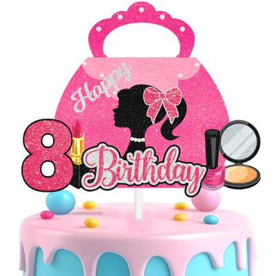 Makeup Themed 8th Birthday Decor - Pink Purse & Cosmetic Cake Topper for Girls 8 Years Old, Perfect for Glam Makeup Party & Birthday Bash High Heels Lipstick Decoration Supplies (8th)