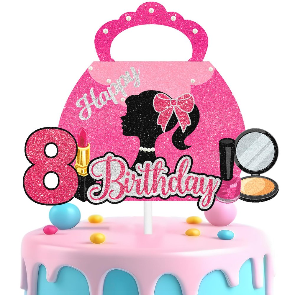 Makeup Themed 8th Birthday Decor - Pink Purse & Cosmetic Cake Topper for Girls 8 Years Old, Perfect for Glam Makeup Party & Birthday Bash High Heels Lipstick Decoration Supplies (8th)