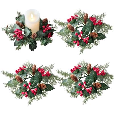 4Pcs Candle Rings with Red Berries & Pinecones Artificial Christmas Candle Wreath for Pillars Wedding Winter Table Front Door Decoration Rings Wreaths Christmas Wre