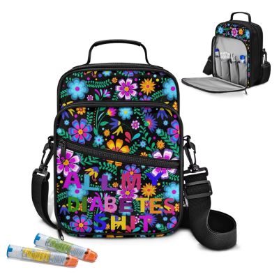 Uacyareni Boho Floral Pattern Diabetic Supplies Travel Case Lightweight Diabetes Supplies Organizer Bag with Adjustable Shoulder Strap for Women