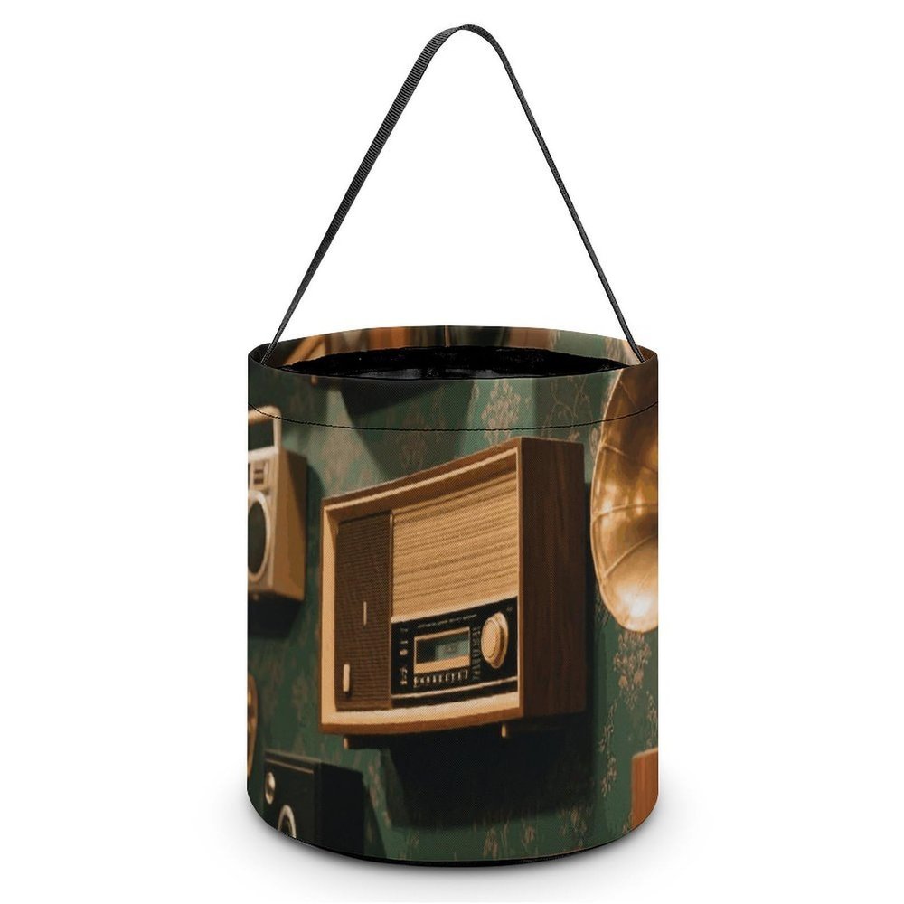 Halloween Candy Tote Bag - Vintage Wall of Radio Boombox Trick Or Treat Bucket with Handles, Pumpkin Party Favor Basket