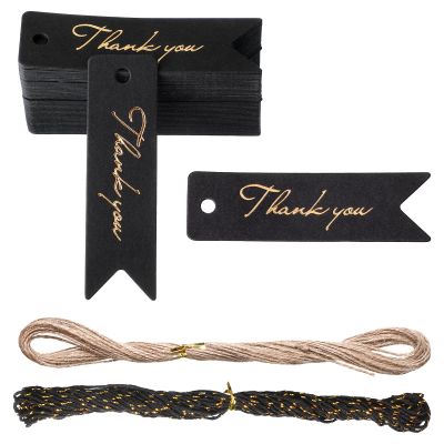 100 Pcs Metallic Gold Thank You Tags Thank You Tags with String Foil Personalized Label Black with Gold Foil Gift Wrapping Hangtags for Christmas Arts Crafts Thanksgiving