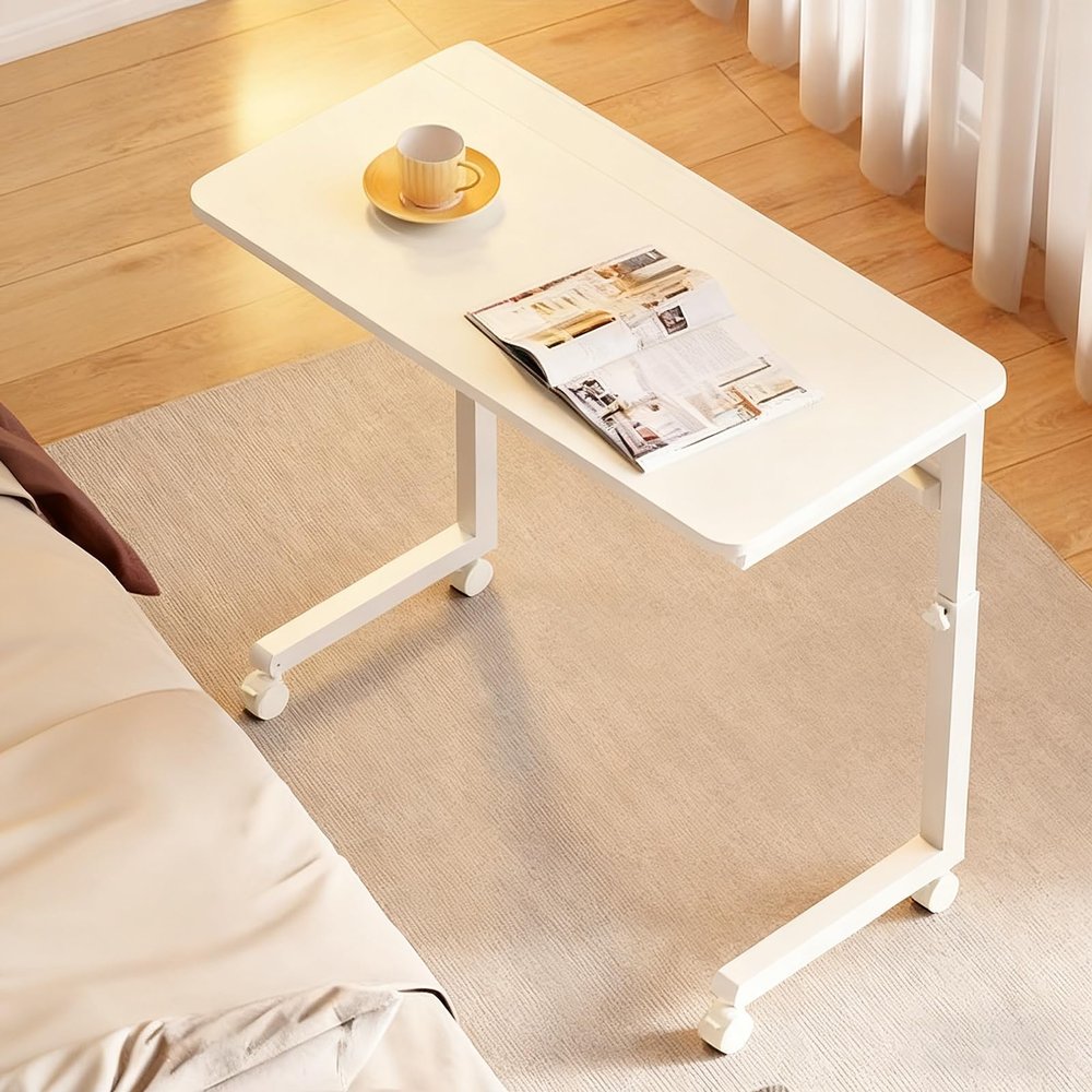 PAKMEZ Height Adjustable Over Bed Desk, with Wheels Mobile Laptop Desk, Side Computer Workstation, Light Wood, Ergonomic Overbed, for Bedroom, Living Room, Office