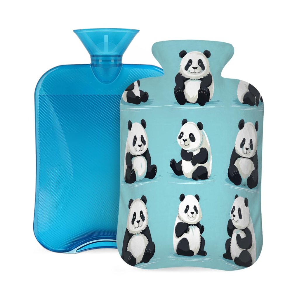 Cute Animal Panda Pattern Hot Water Bottle with Cover, 2L PVC Hot Water Bag with Soft Cover, Reusable Heating Pad for Pain Relief Warm Hands Waist Abdomen Feet & Bed