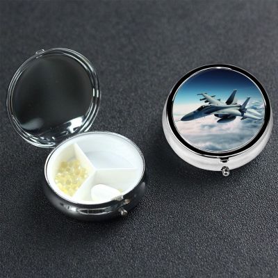 Aircraft Fighter Jets Pill Case 3 Compartments, Metal Round Portable Pill Box with Mirror, Waterproof Travel Pill Organizer for Purse & Pocket, Small Medicine Vitamin Holder Unique Gift