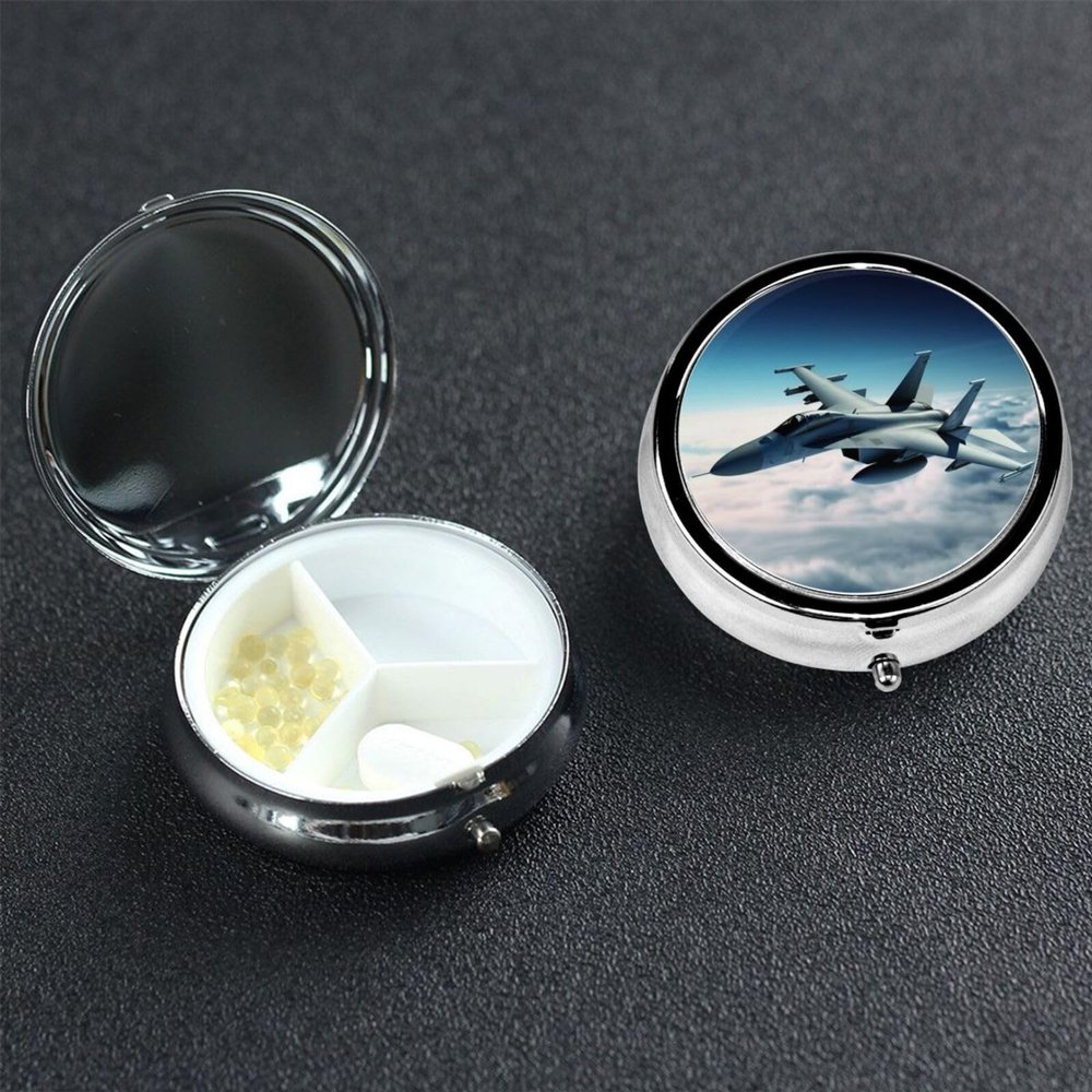 Aircraft Fighter Jets Pill Case 3 Compartments, Metal Round Portable Pill Box with Mirror, Waterproof Travel Pill Organizer for Purse & Pocket, Small Medicine Vitamin Holder Unique Gift