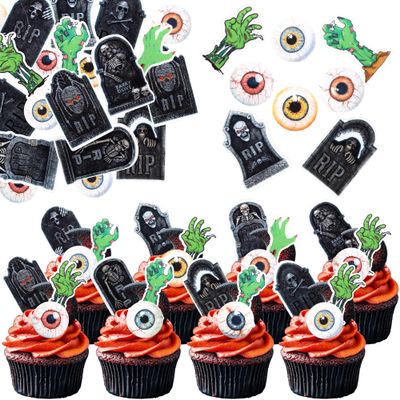 60 Pack Edible Halloween Tombstone Zombie Horrible Cupcake Toppers Zombie Hands Rice Paper Wafer Paper Cupcake Picks for Halloween Eyeballs Baby Shower Kids Birthday Cake Decorations Party Supplies