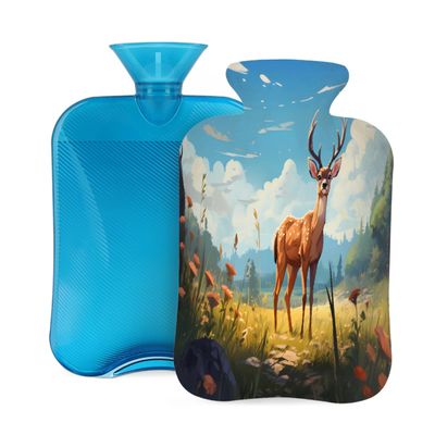 Retro Forest Deer Hot Water Bottle with Cover, 2L PVC Hot Water Bag with Soft Cover, Reusable Heating Pad for Pain Relief Warm Hands Waist Abdomen Feet & Bed