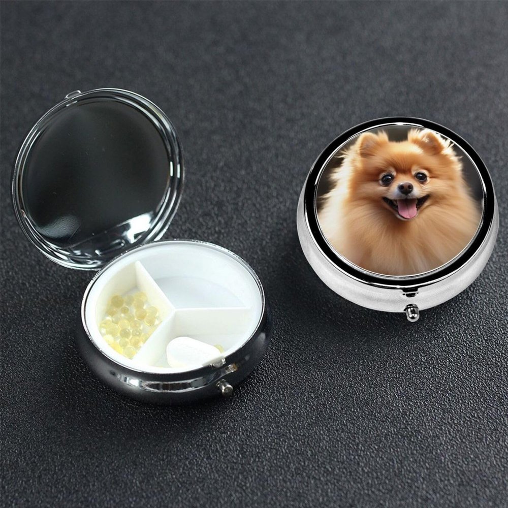 Pomeranian Dog Pill Case 3 Compartments, Metal Round Portable Pill Box with Mirror, Waterproof Travel Pill Organizer for Purse & Pocket, Small Medicine Vitamin Holder Unique Gift