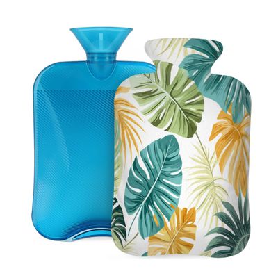 Watercolor Tropical Palm Leaves Hot Water Bottle with Cover, 2L PVC Hot Water Bag with Soft Cover, Reusable Heating Pad for Pain Relief Warm Hands Waist Abdomen Feet & Bed