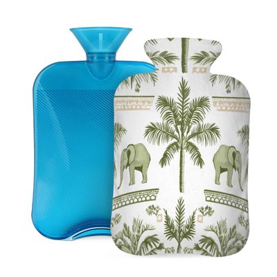 Elephant Palm Tree Pattern Hot Water Bottle with Cover, 2L PVC Hot Water Bag with Soft Cover, Reusable Heating Pad for Pain Relief Warm Hands Waist Abdomen Feet & Bed