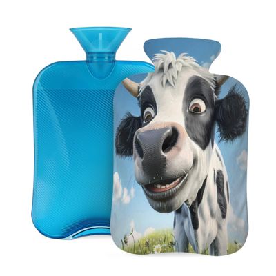 Cute Cow Daisy Flower Hot Water Bottle with Cover, 2L PVC Hot Water Bag with Soft Cover, Reusable Heating Pad for Pain Relief Warm Hands Waist Abdomen Feet & Bed