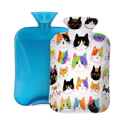 Colorful Hand Drawn Cat Hot Water Bottle with Cover, 2L PVC Hot Water Bag with Soft Cover, Reusable Heating Pad for Pain Relief Warm Hands Waist Abdomen Feet & Bed