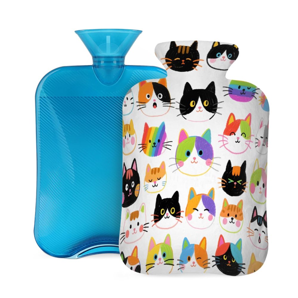 Colorful Hand Drawn Cat Hot Water Bottle with Cover, 2L PVC Hot Water Bag with Soft Cover, Reusable Heating Pad for Pain Relief Warm Hands Waist Abdomen Feet & Bed