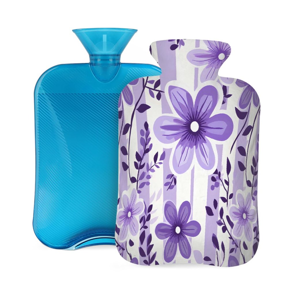 Cartoon Cute Purple Flowers Hot Water Bottle with Cover, 2L PVC Hot Water Bag with Soft Cover, Reusable Heating Pad for Pain Relief Warm Hands Waist Abdomen Feet & Bed