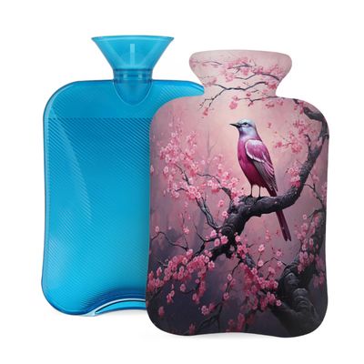 Cherry Blossom Tree Bird Hot Water Bottle with Cover, 2L PVC Hot Water Bag with Soft Cover, Reusable Heating Pad for Pain Relief Warm Hands Waist Abdomen Feet & Bed