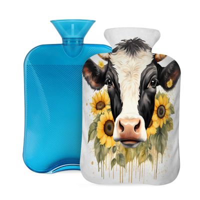 Animal Cow Sunflower Hot Water Bottle with Cover, 2L PVC Hot Water Bag with Soft Cover, Reusable Heating Pad for Pain Relief Warm Hands Waist Abdomen Feet & Bed